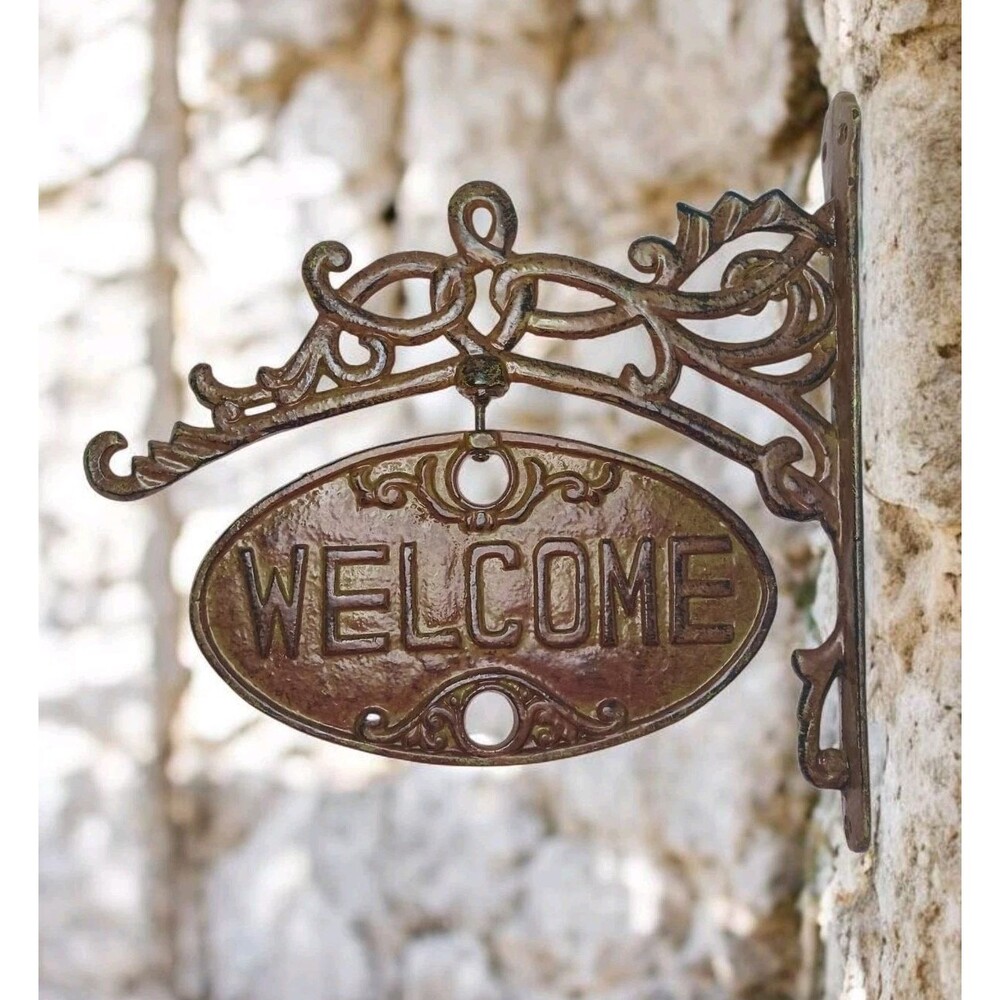 Vtg Ornate Cast Iron Welcome Sign Swivel Spins Goodbye Rustic Heavy Wall Hanging
